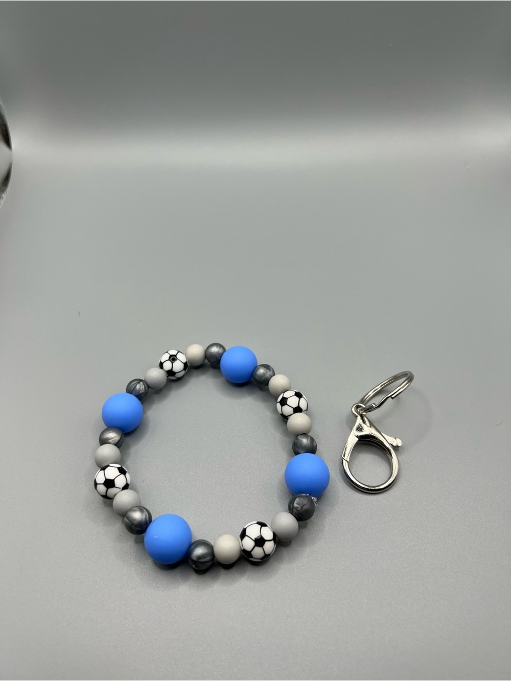 Blue Soccer Beaded Keychain Bracelet - Handmade - K0008C